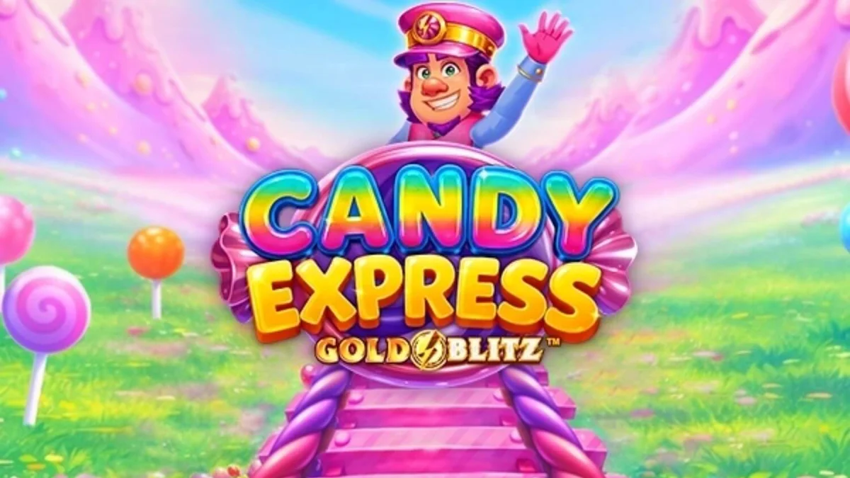 Giao diện trò chơi Candy Express Gold Blitz với tàu hỏa kẹo và các biểu tượng rực rỡ