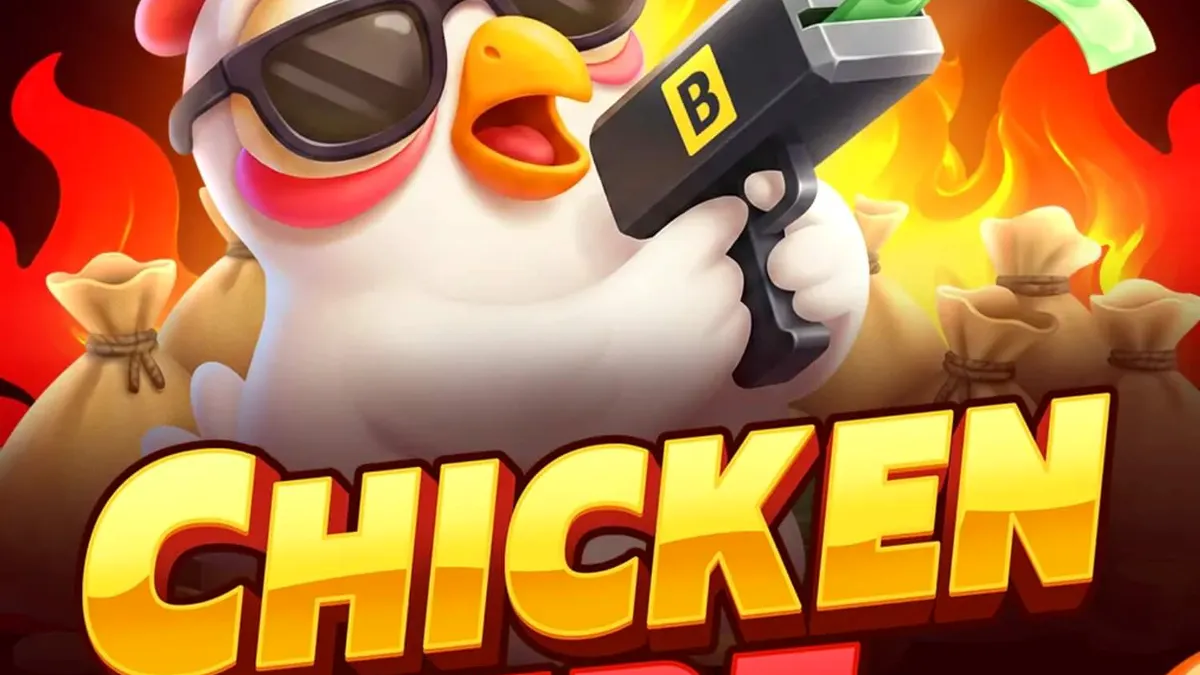 Giao diện trò chơi slot Chicken Fire với các biểu tượng trái cây và chú gà hoạt hình trên nền lửa rực rỡ